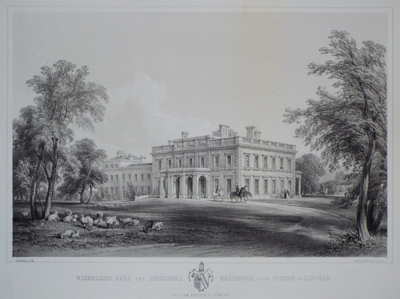 Lithograph - Riseholme Hall, the Episcopal Residence of the Bishop of Lincoln. William Railton Archt. - Hawkins